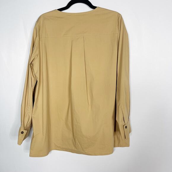 New Gentle Herd Womens Large Brown Collarless Long Sleeve Blouse Top Split VNeck - Picture 4 of 10
